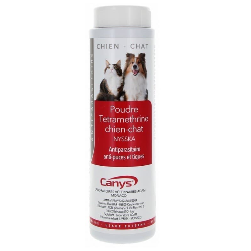 Flacon poudre antiparasitaire Canys Tétraméthrine 150g pour chien et chat anti puces tiques