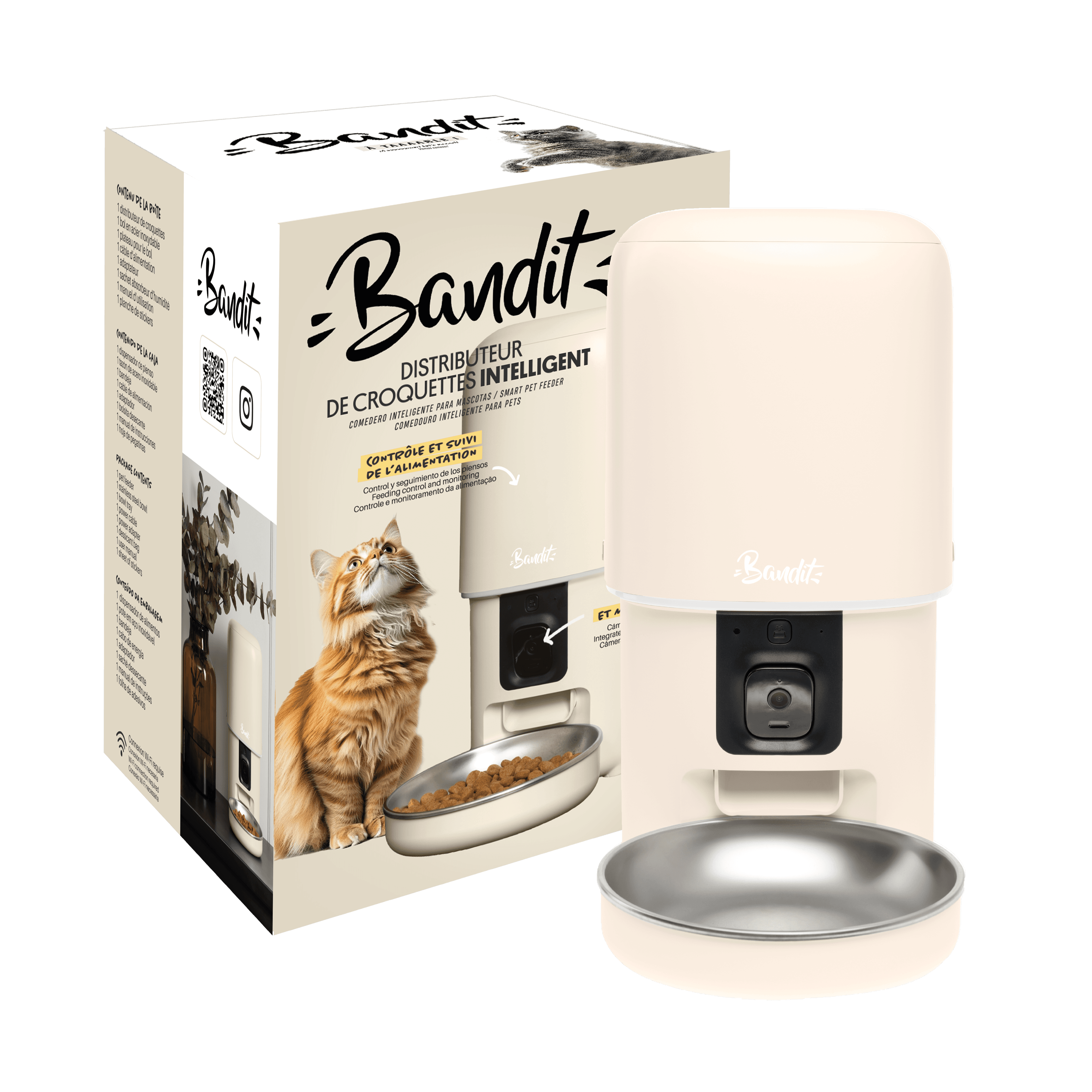Distributeur de croquettes intelligent Bandit crème avec caméra et bol inox pour chat chien
