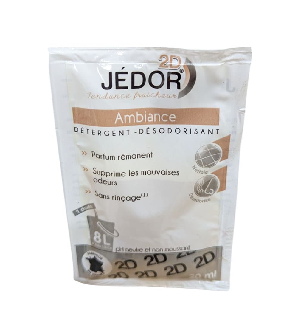 Boîte de 25 dosettes JEDOR 2D Ambiance 20ml nettoyant désodorisant professionnel.