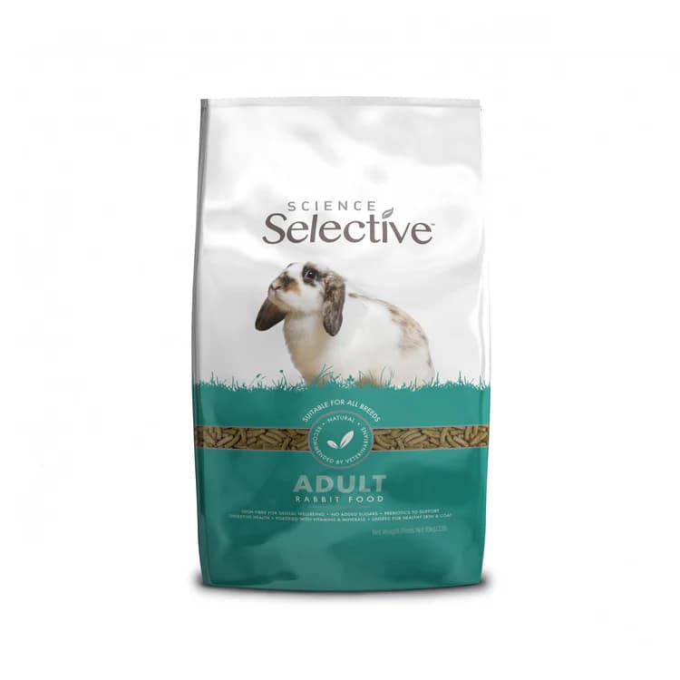Sachet grand format de 5 kg d'extrudés Supreme Science Selective Lapin Adult avec visuel de lapin bélier tacheté.