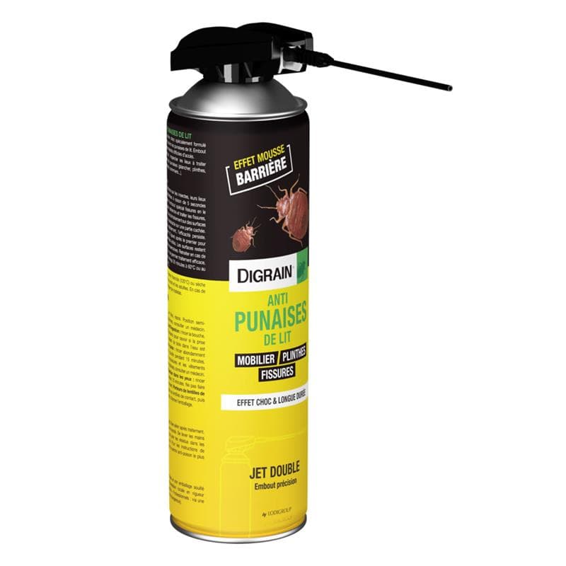 Aérosol Digrain Anti-Punaises de lit jet double embout précision mousse barrière.