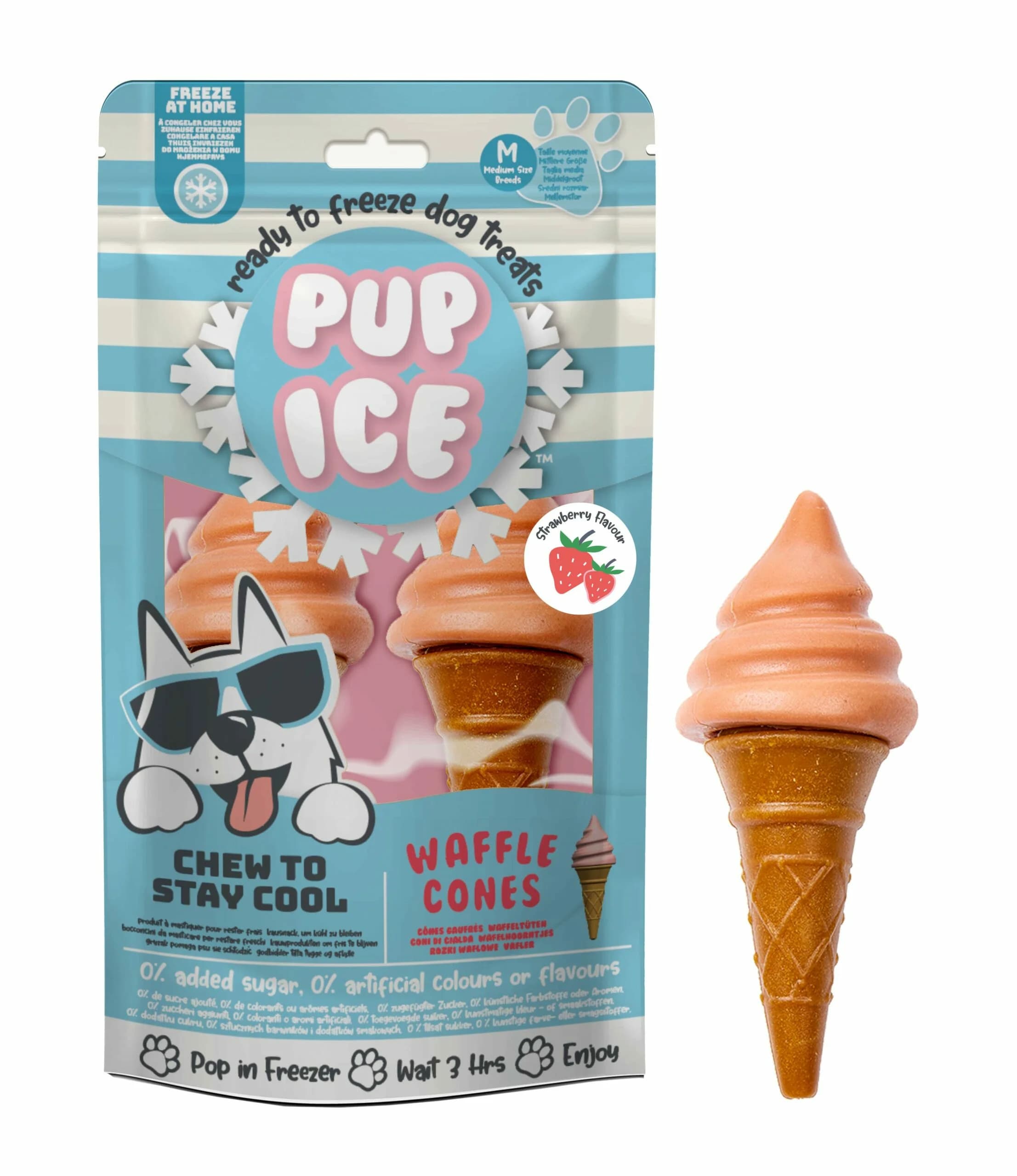 Sachet bleu ciel de 2 glaces cônes à la fraise Pup Ice Waffle Cones pour chien.