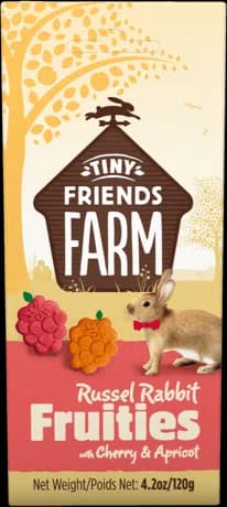 Boite de 120g de biscuits croquants a la cerise et abricot Tiny Friends Farm Russel Rabbit Fruities.