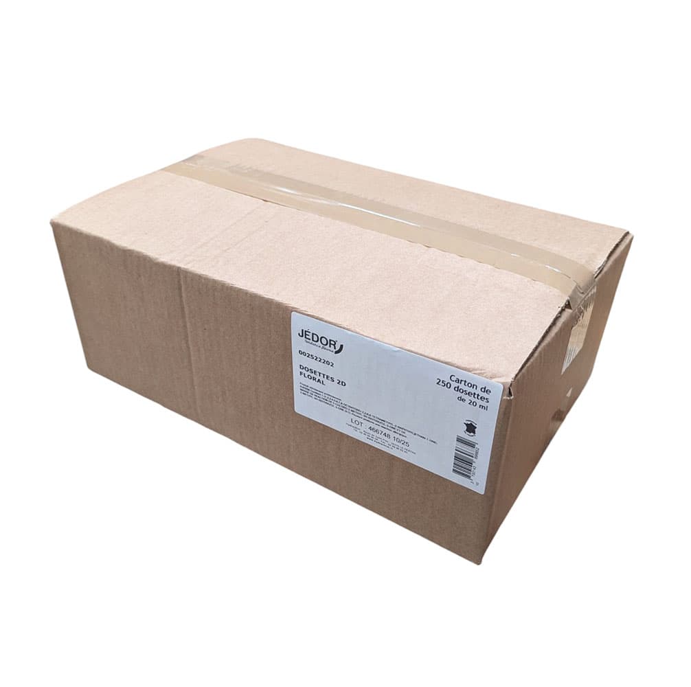 Carton de 250 dosettes JEDOR 2D Floral 20ml nettoyant désodorisant professionnel.