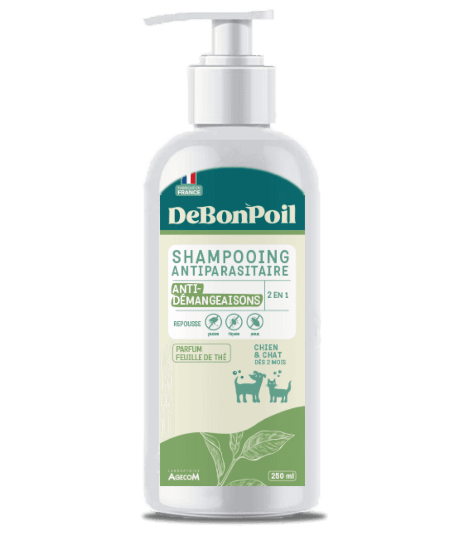 Flacon blanc de 250 ml de Shampooing Antiparasitaire 2en1 DeBonPoil anti-démangeaisons parfum feuille de thé avec pompe.