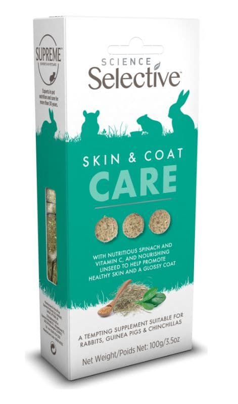 Étui de 100 g de friandises peau et pelage Supreme Science Selective Care Skin & Coat avec rondelles de foin, graines de lin, épinard et vitamine C.