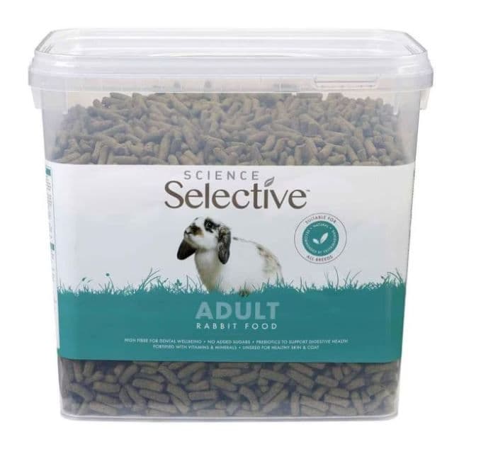 Seau carré transparent de 3 kg d'extrudés Supreme Science Selective Lapin Adult avec visuel de lapin bélier tacheté.