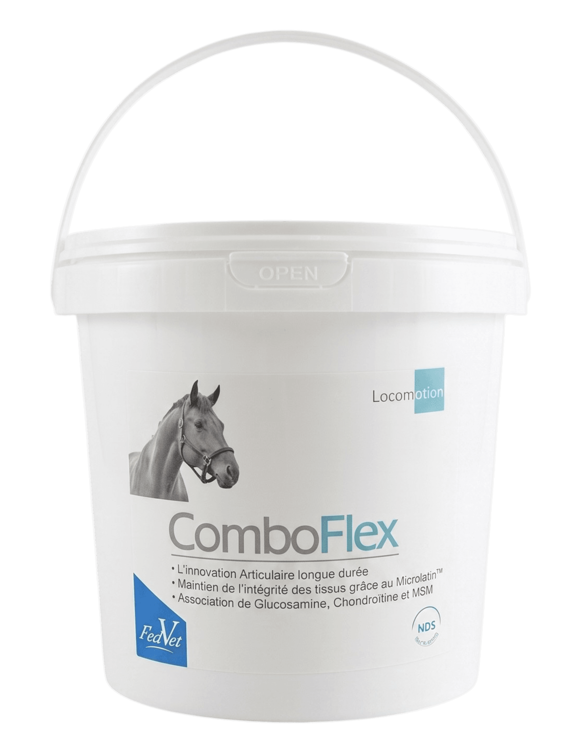 Seau blanc de 900 g de poudre pour articulations ComboFlex de FedVet pour la souplesse du cheval.
