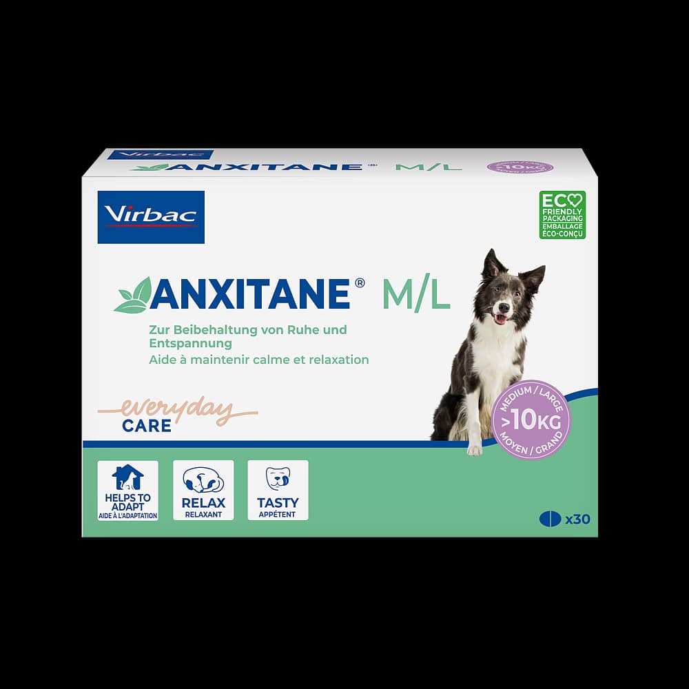 Anxitane M/L Virbac 30 comprimés – complément naturel à base de L-théanine pour apaiser le stress des chiens moyens et grands.