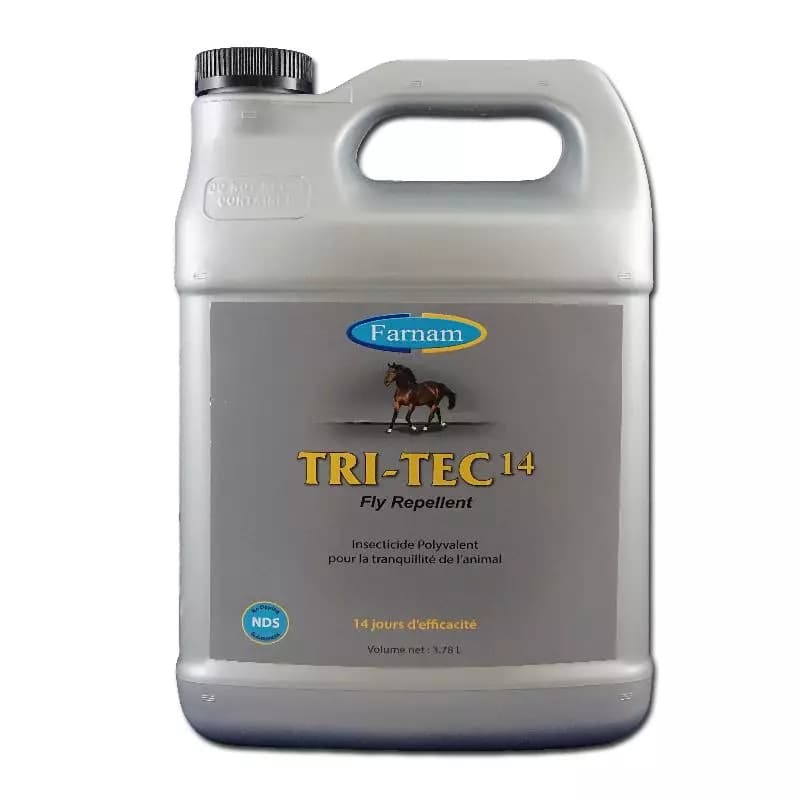 Bidon gris de 3,78 litres TRI-TEC 14 Farnam, insecticide polyvalent pour chevaux offrant 14 jours d'efficacité contre les insectes.