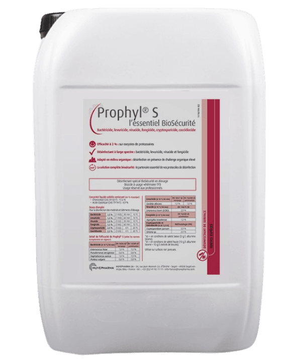 Grand bidon blanc de 20 litres de désinfectant PROPHYL S de Huvepharma, solution oocysticide et virucide à large spectre pour l'élevage professionnel.