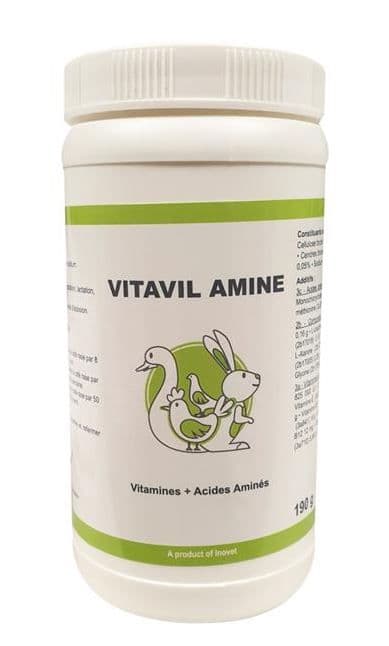 Pot blanc de 190 g de VITAVIL Aminé Inovet, vitamines et acides aminés pour volailles et lapins avec illustration verte sur l'étiquette.