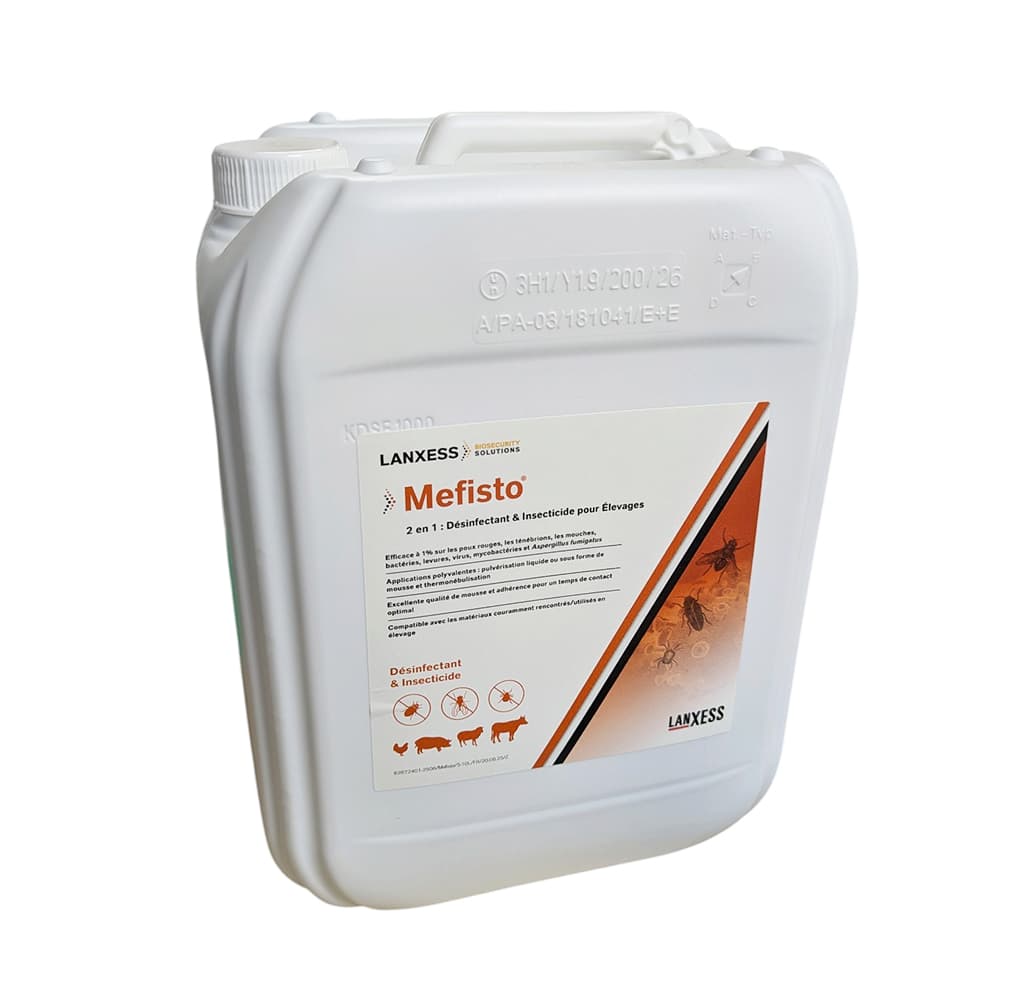 Bidon de 10 litres de Mefisto LANXESS, solution 2-en-1 désinfectante et insecticide pour l'élevage porcin et avicole, efficace contre poux rouges et ténébrions.