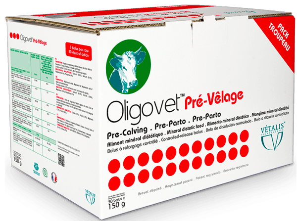 Boîte de 50 bolus Oligovet Pré-Vêlage Vétalis, minéraux pour vaches allaitantes et veaux vigoureux.