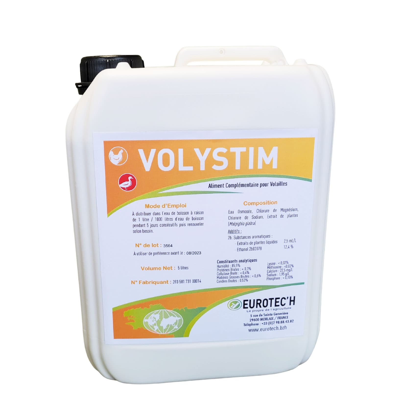 Bidon VOLYSTIM 5L, aliment complémentaire biologique pour immunité volailles.