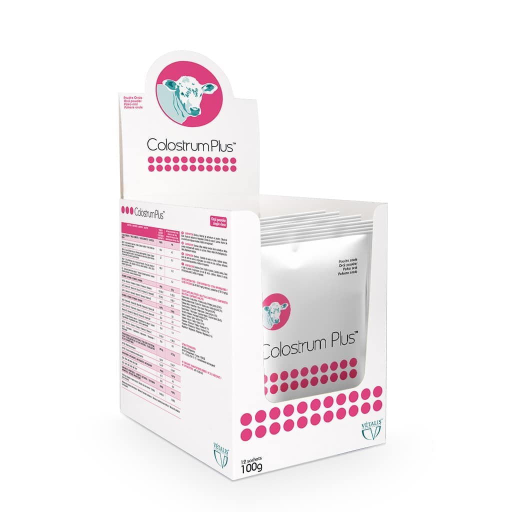 Colostrum Plus Vetalis boîte de 12 sachets de 100 g complément colostral riche en immunoglobulines pour veaux nouveau-nés