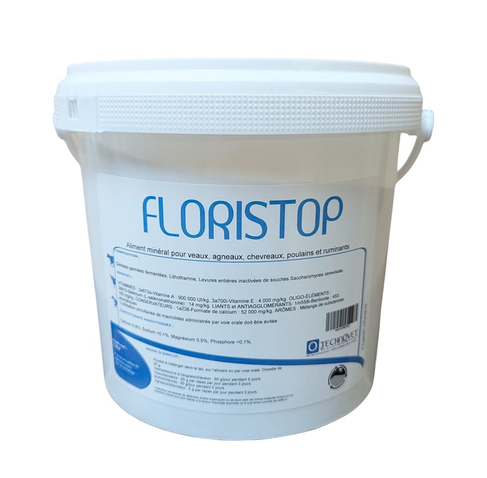 Seau de 2,4 kg de FLORISTOP Technovet Eurotonic, aliment minéral protecteur pour le transit des veaux, poulains et agneaux.