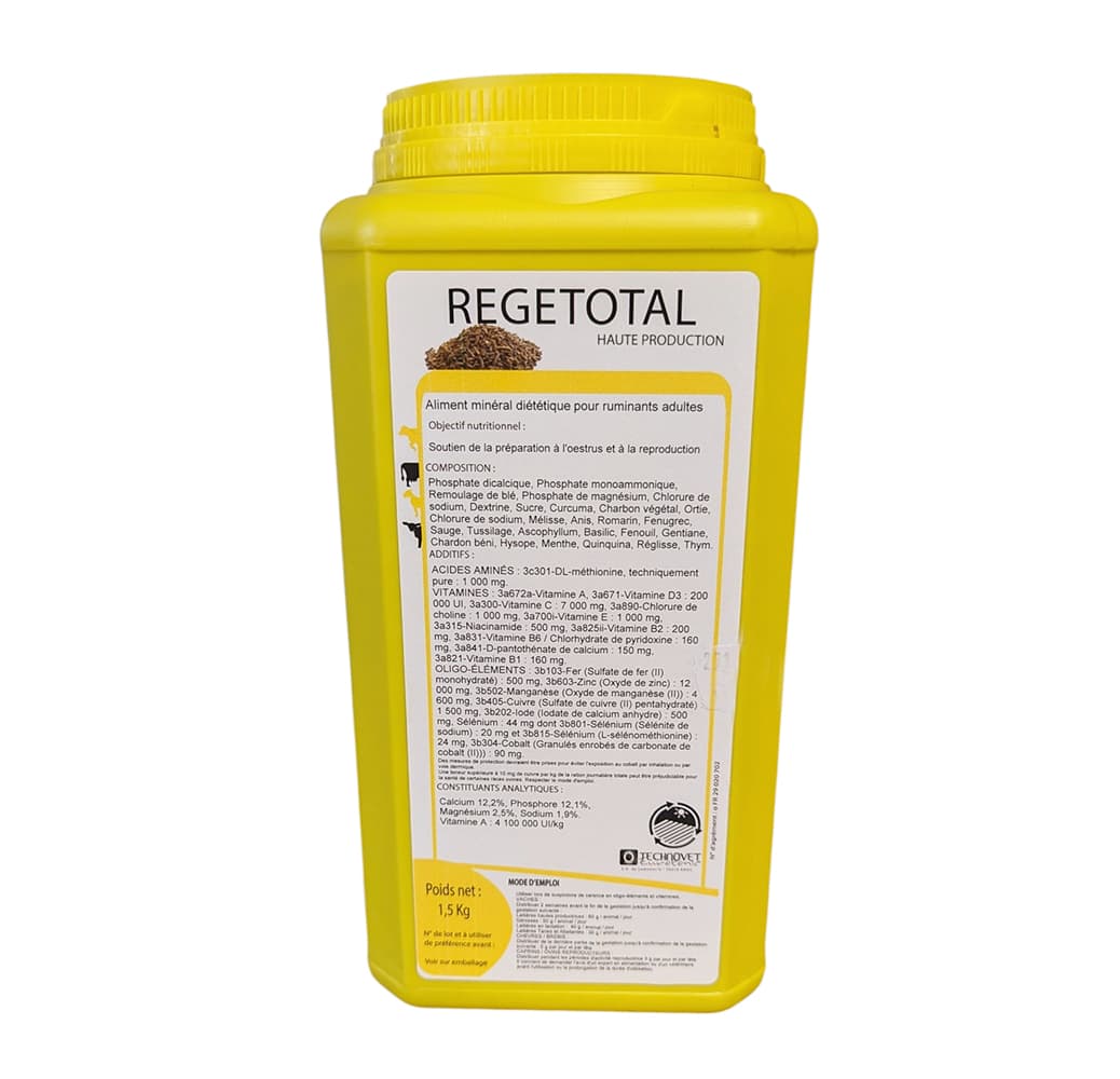 Pot de 1,5 kg REGETOTAL, aliment minéral granulé pour bovins, ovins, caprins et porcins.