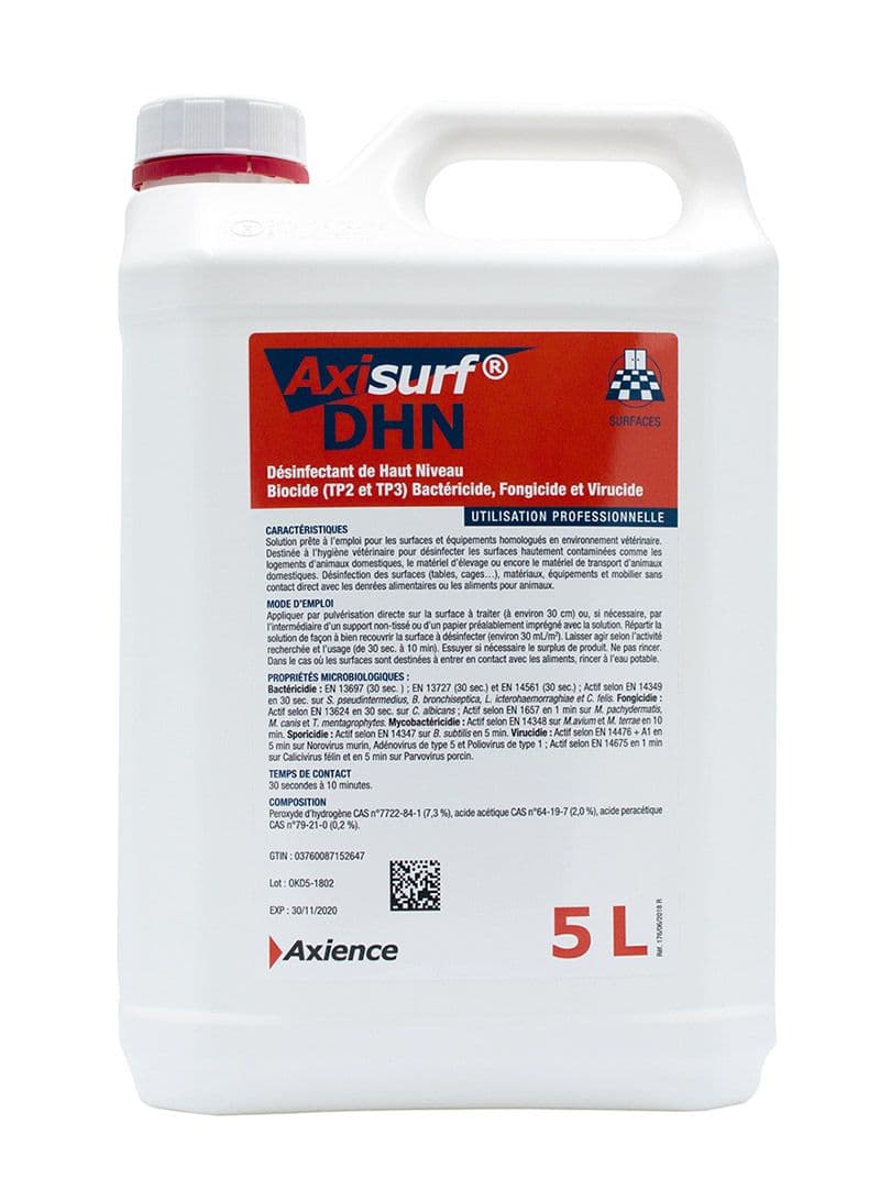 Bidon Axisurf DHN 5L désinfectant vétérinaire prêt à l’emploi pour surfaces et matériels en élevage et cliniques
