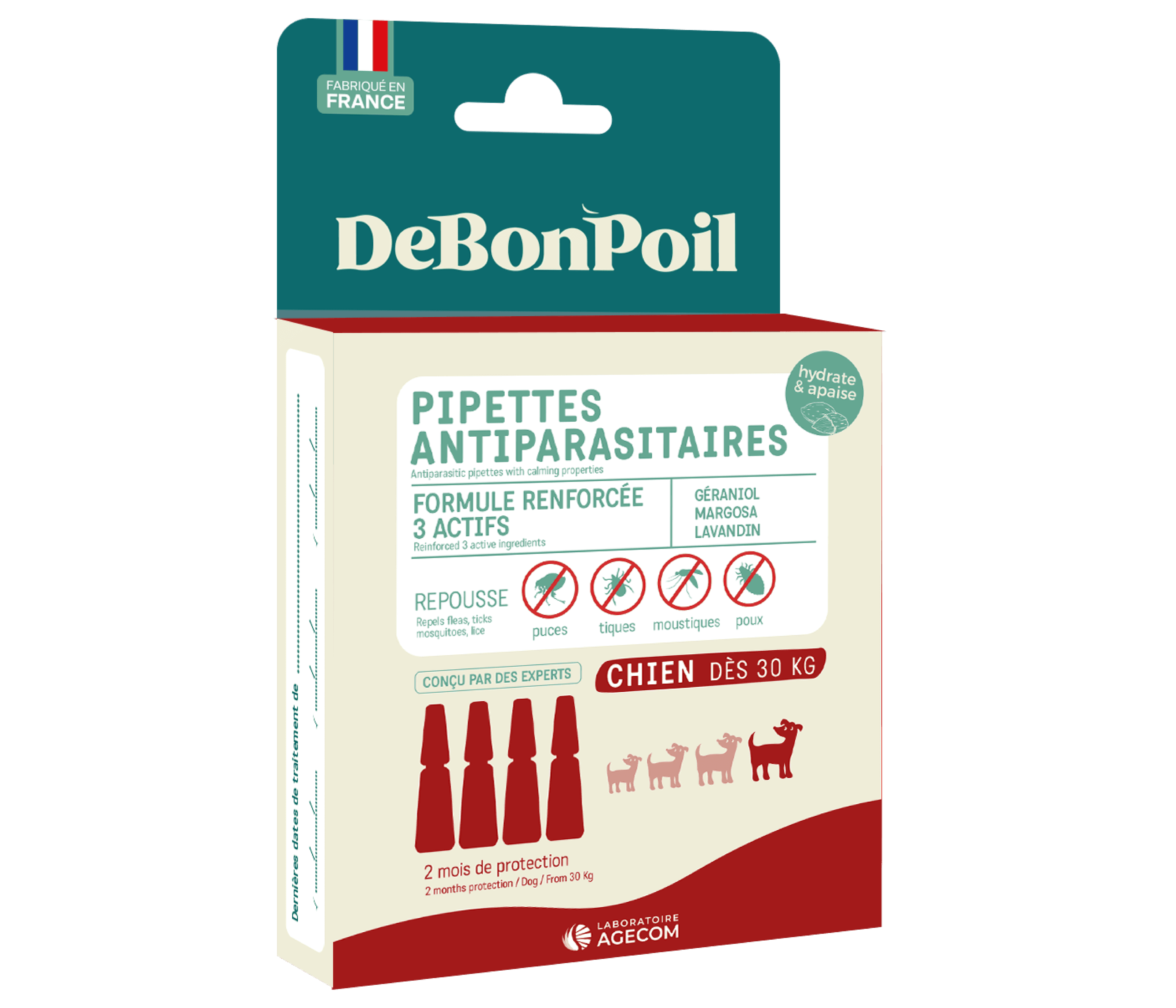 Boîte verte et beige de 4 Pipettes Antiparasitaires DeBonPoil pour grand chien de plus de 30 kg fabriquées en France par Agecom.