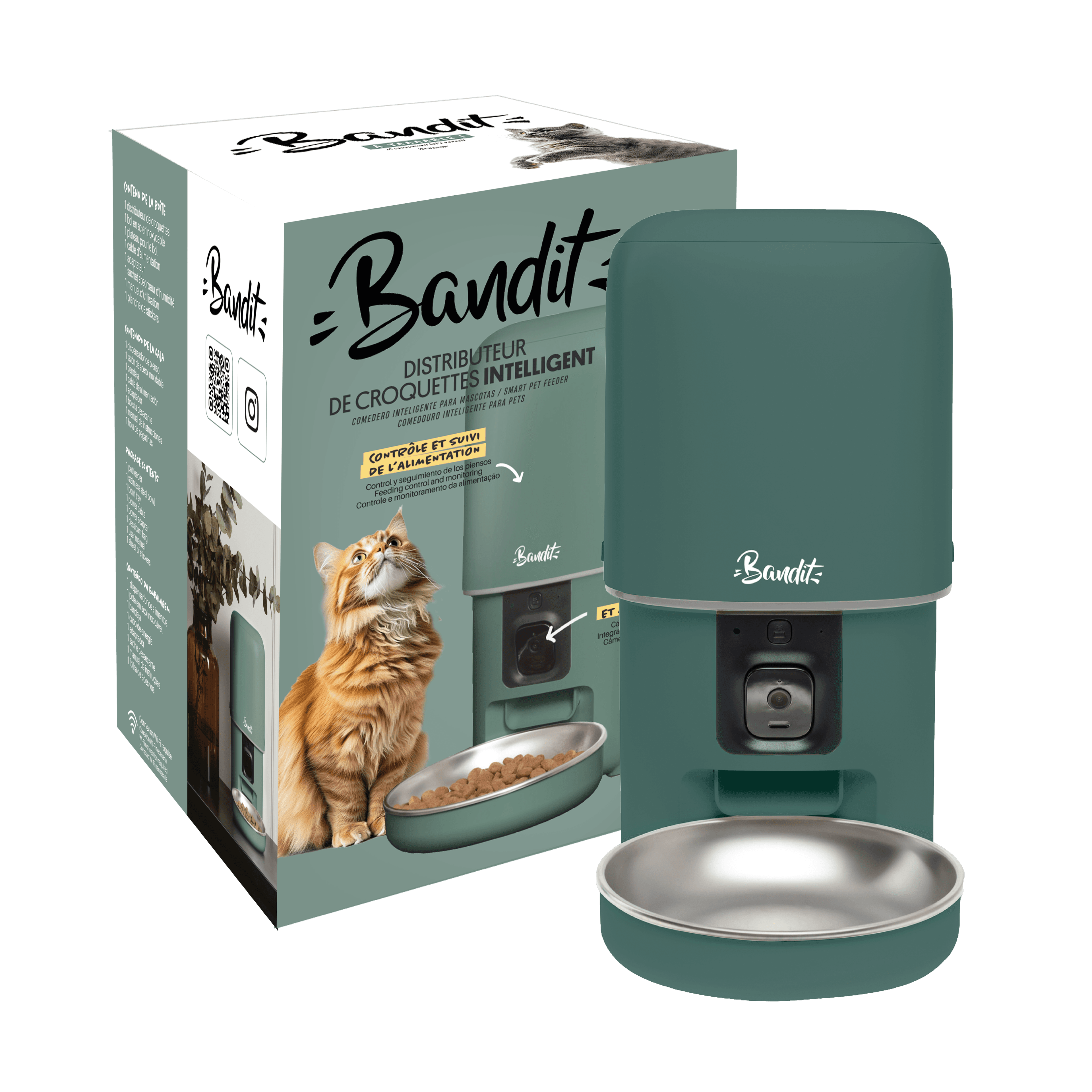 Distributeur automatique croquettes Bandit couleur vert caméra HD bol inox chat chien