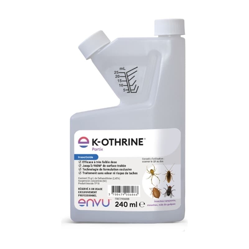 Flacon de 240 ml de K-Othrine Partix ENVU, insecticide professionnel à la deltaméthrine pour le contrôle des punaises de lit et des insectes rampants.