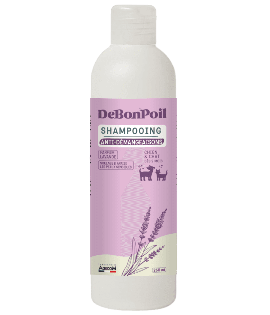 Flacon blanc de 250 ml de Shampooing Anti-Démangeaisons DeBonPoil pour chien et chat parfum lavande fabriqué en France.