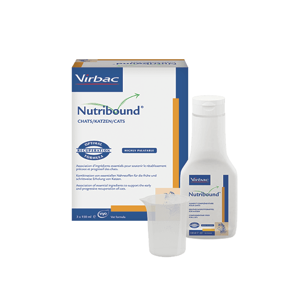 Nutribound Chats Virbac 3x150 ml – solution orale appétente pour stimuler l’appétit et soutenir la récupération du chat convalescent.
