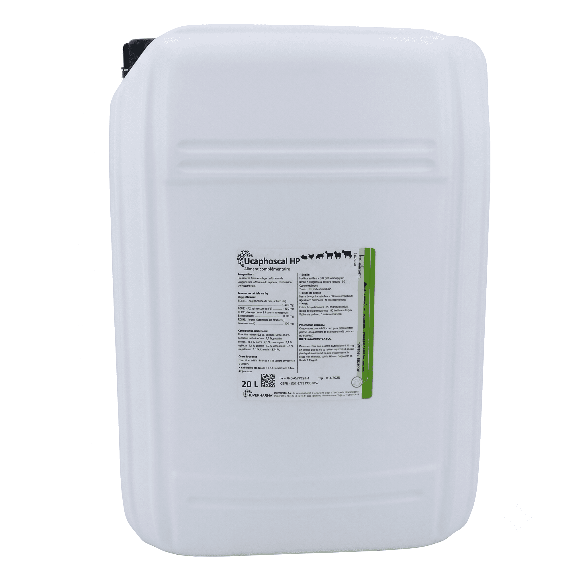 Bidon industriel en plastique blanc de 20 Litres de complément minéral liquide Ucaphoscal HP pour bovins et ruminants avec bouchon noir.