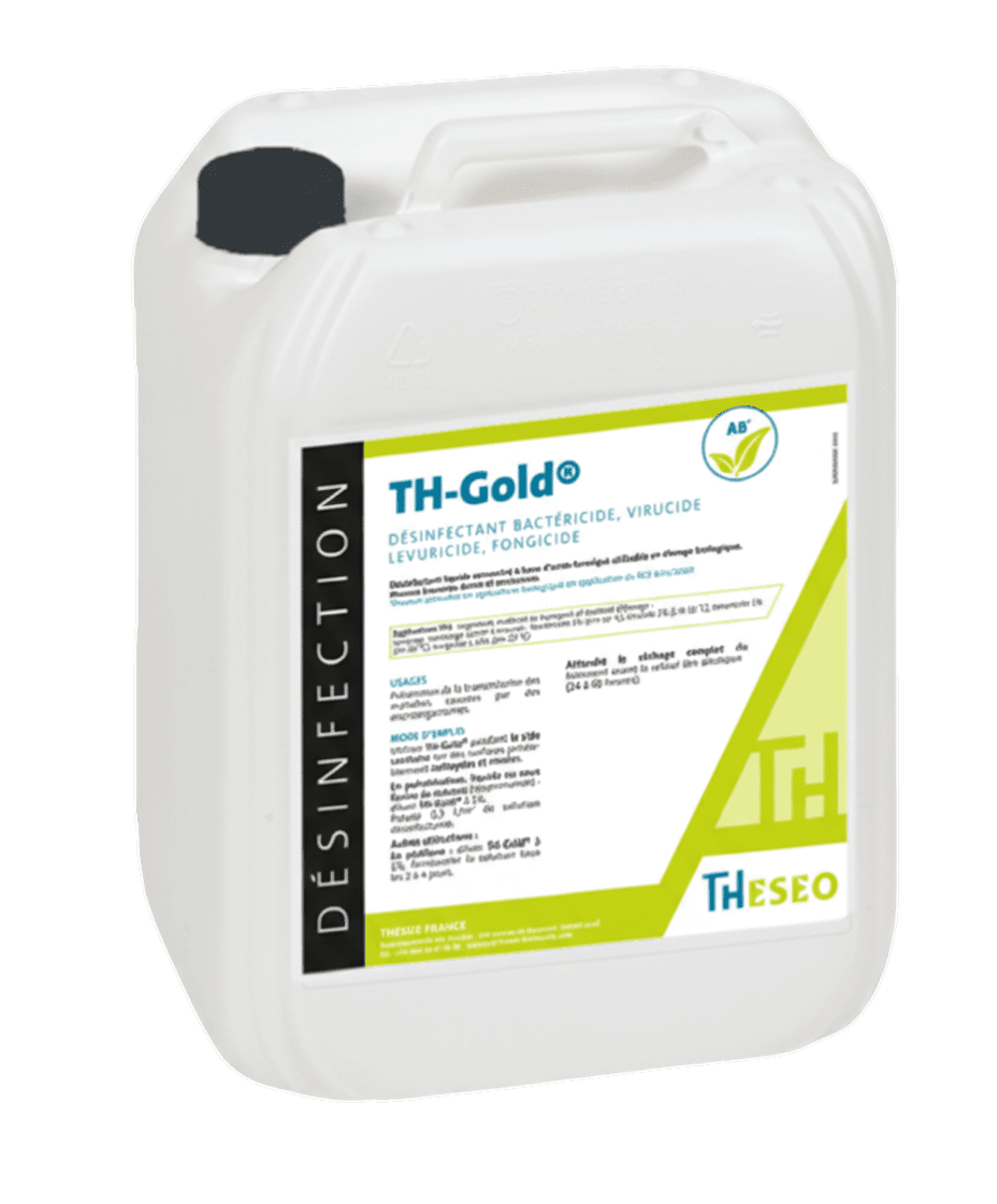 Bidon blanc de 5L de désinfectant TH-GOLD, certifié Agriculture Biologique, à base d'acide formique pour l'hygiène vétérinaire.