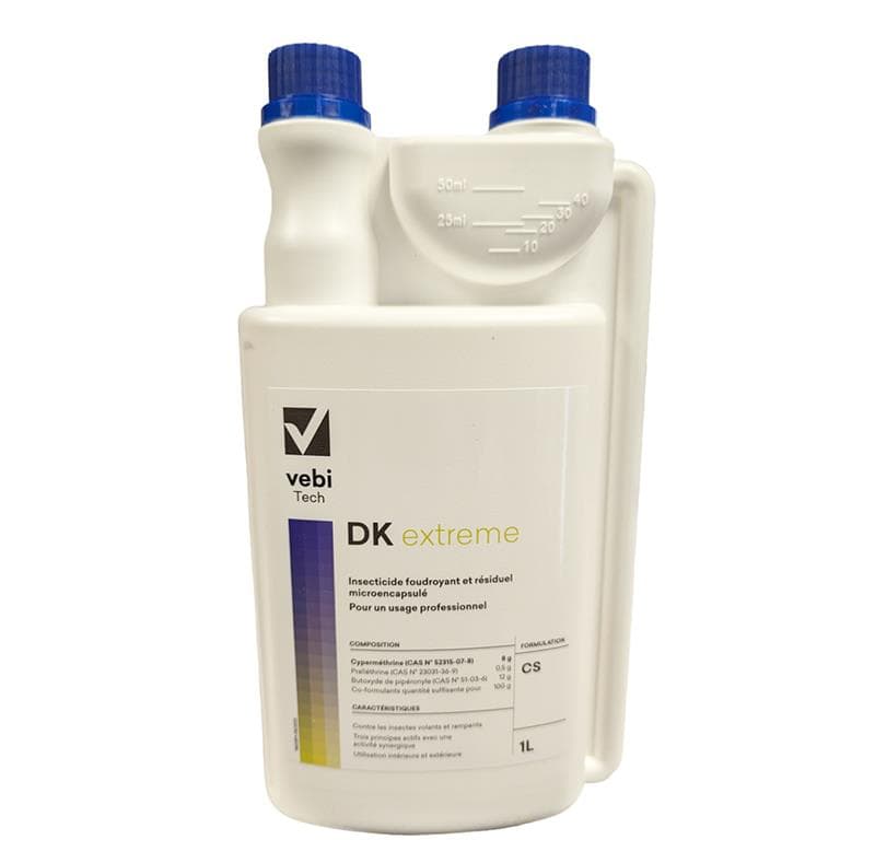 Bidon 1L insecticide micro-encapsulé DK extreme Vebi Tech pour moustiques et blattes.