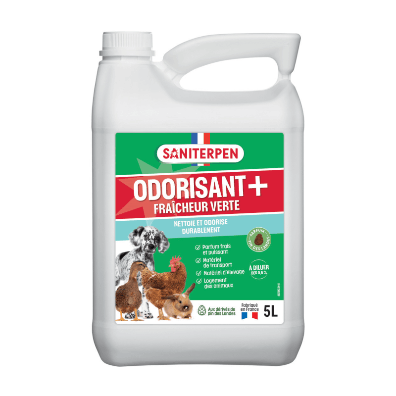 Grand bidon blanc de 5 Litres de Saniterpen Odorisant + Fraîcheur Verte concentré pour l'odorisation rémanente des élevages, chenils et poulaillers.