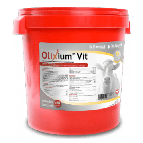 Seau rouge de 20 kg Olixium Vit Bimeda, minéral granulé pour vaches allaitantes.