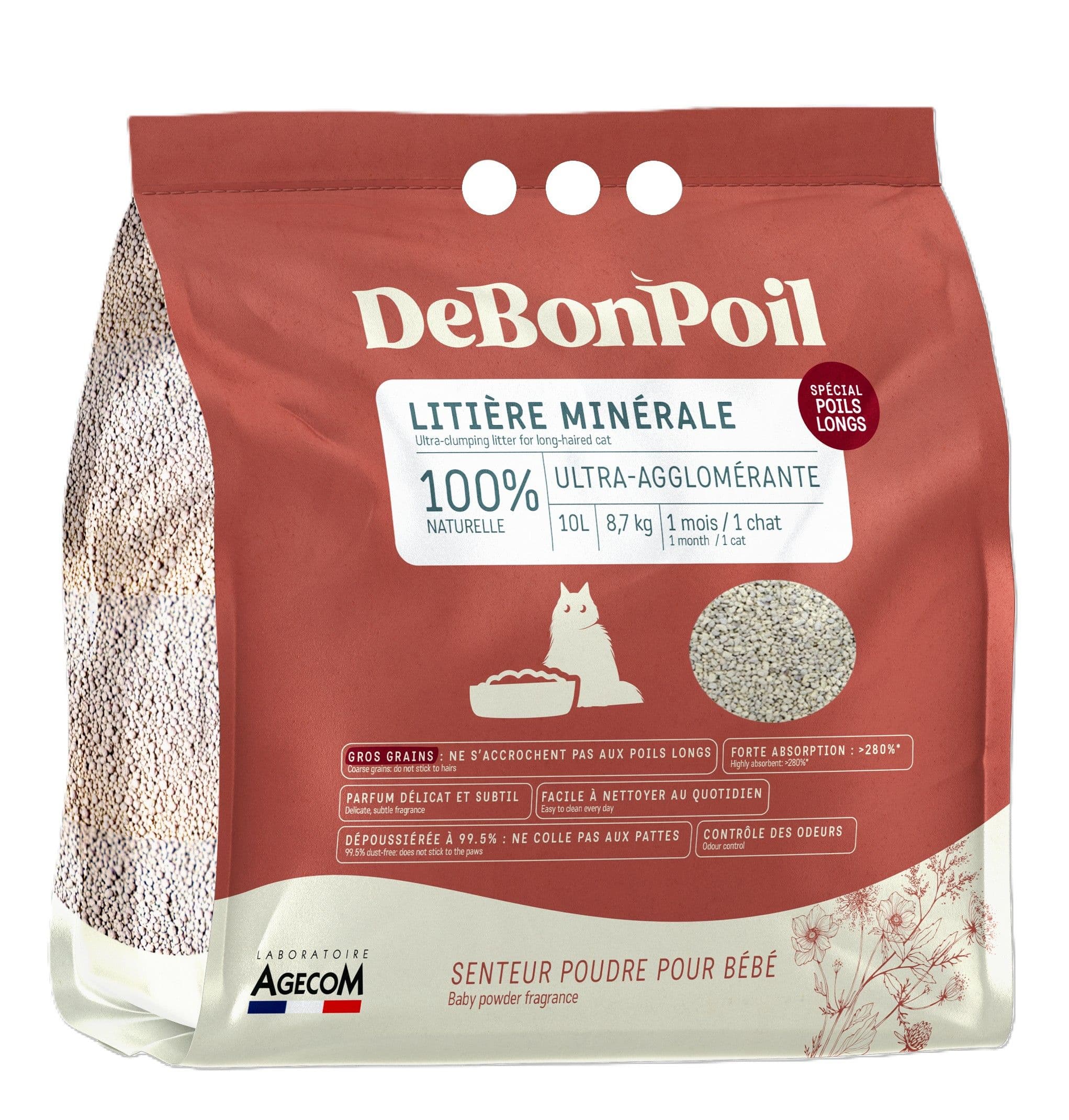 Sac de 10L de litière minérale agglomérante gros grains DeBonPoil spécial poils longs senteur poudre pour bébé.