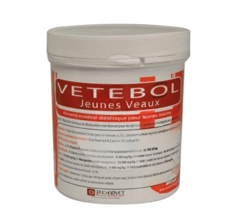 Pot de bolus VETEBOL Jeunes Veaux, aliment minéral diététique pour veaux sevrés, brebis et chèvres.