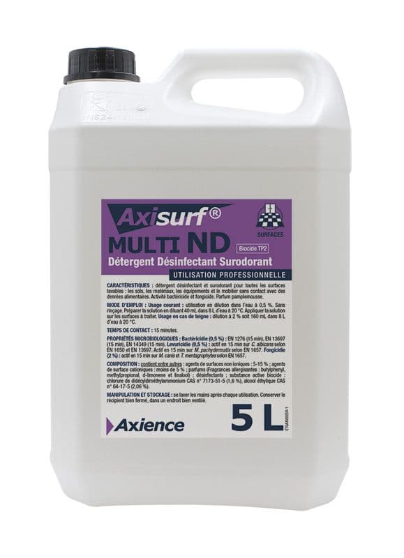 Bidon Axisurf Multi ND 5 litres, détergent désinfectant et surodorant professionnel Axience pour élevages et surfaces lavables.