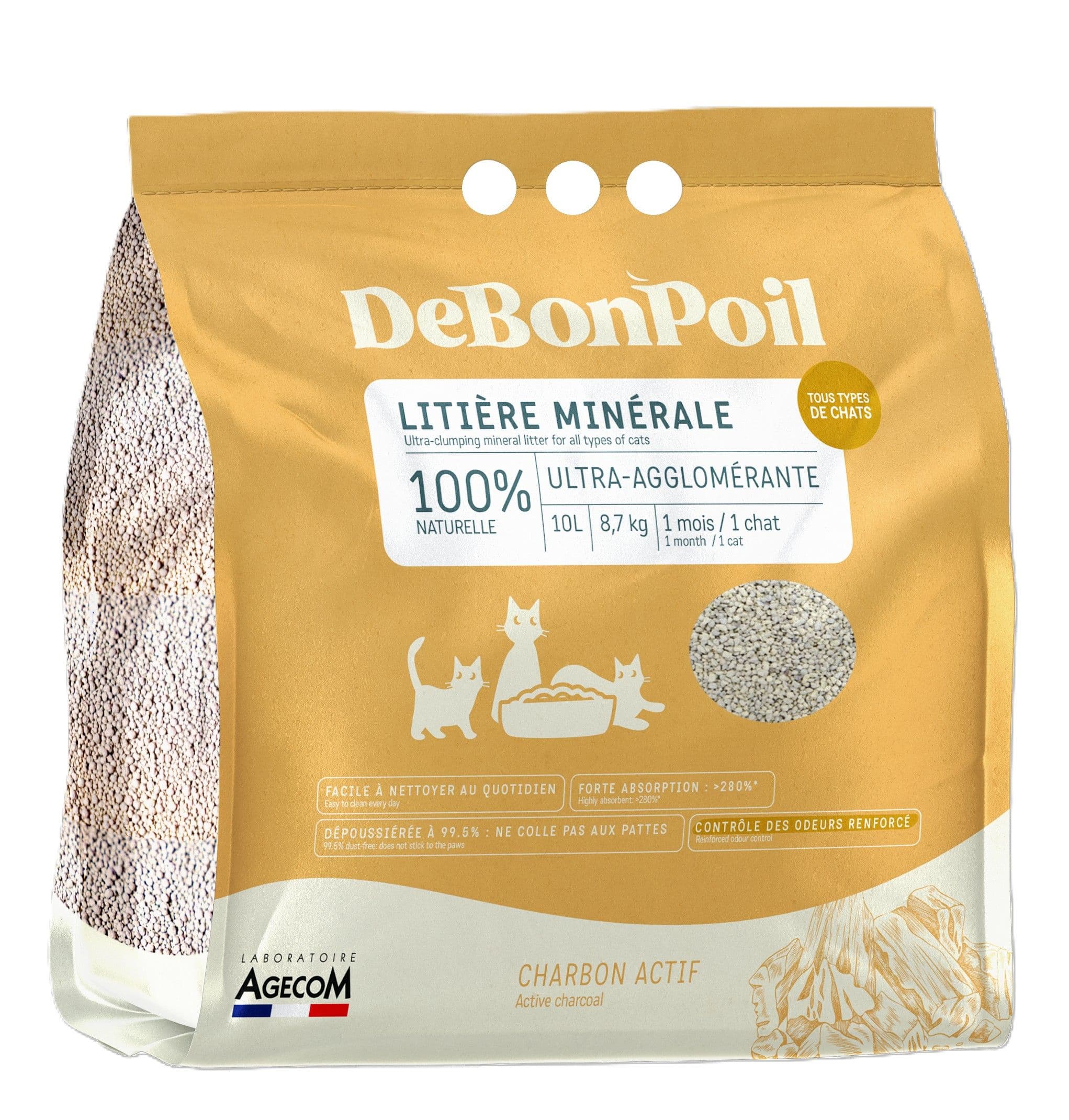 Sac de 10L de litière minérale ultra-agglomérante au charbon actif DeBonPoil pour chat.
