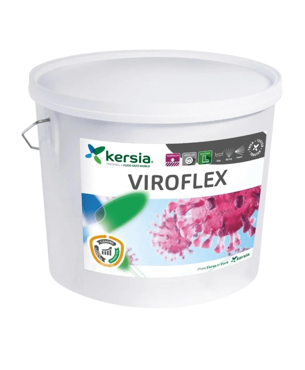 Seau de 4 kg de désinfectant Viroflex de Kilco, poudre rose pour la désinfection bactéricide et virucide des élevages.