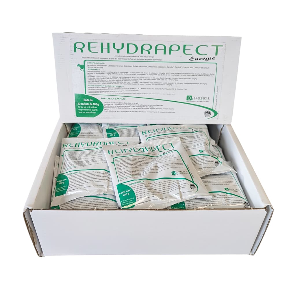 Boîte blanche ouverte présentant des sachets de REHYDRAPECT™ Énergie (100 g), solution de réhydratation pour veaux du laboratoire GreenVet.