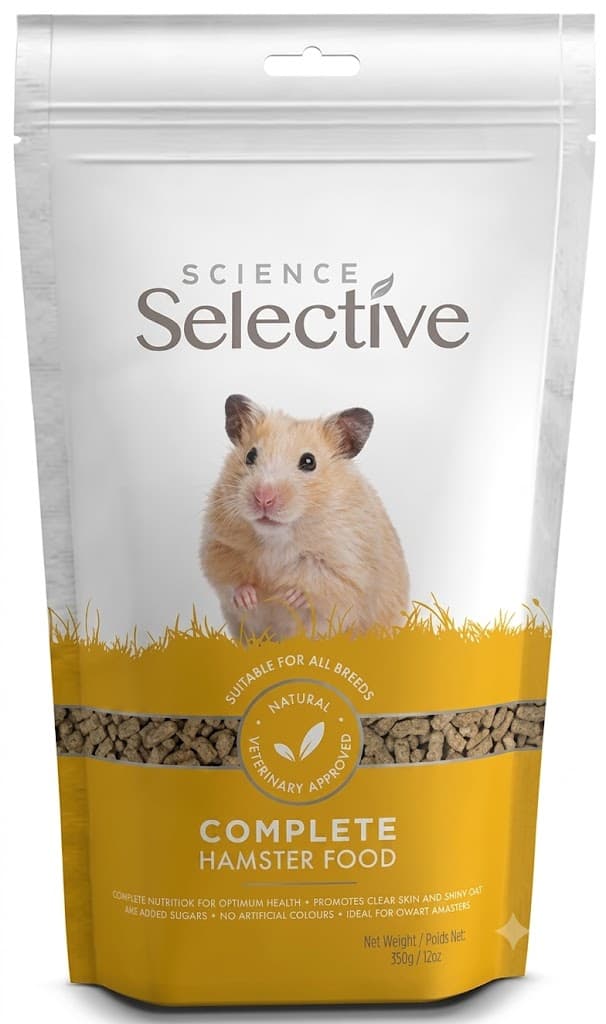 Sachet Doypack de 350 g d'extrudés Supreme Science Selective Hamster avec visuel de hamster doré.