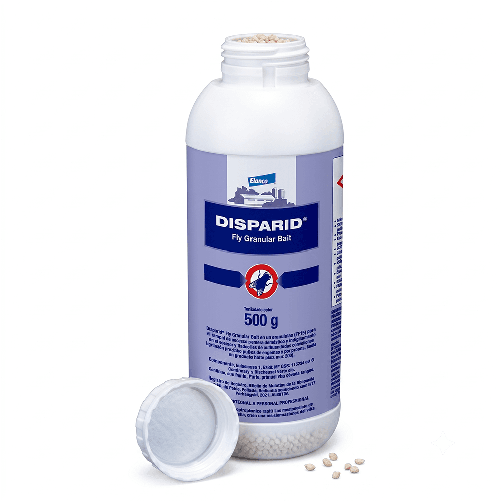 Flacon blanc de 500 g d'appât en granulés anti-mouches Disparid Elanco pour bâtiments d'élevage avec bouchon ouvert.