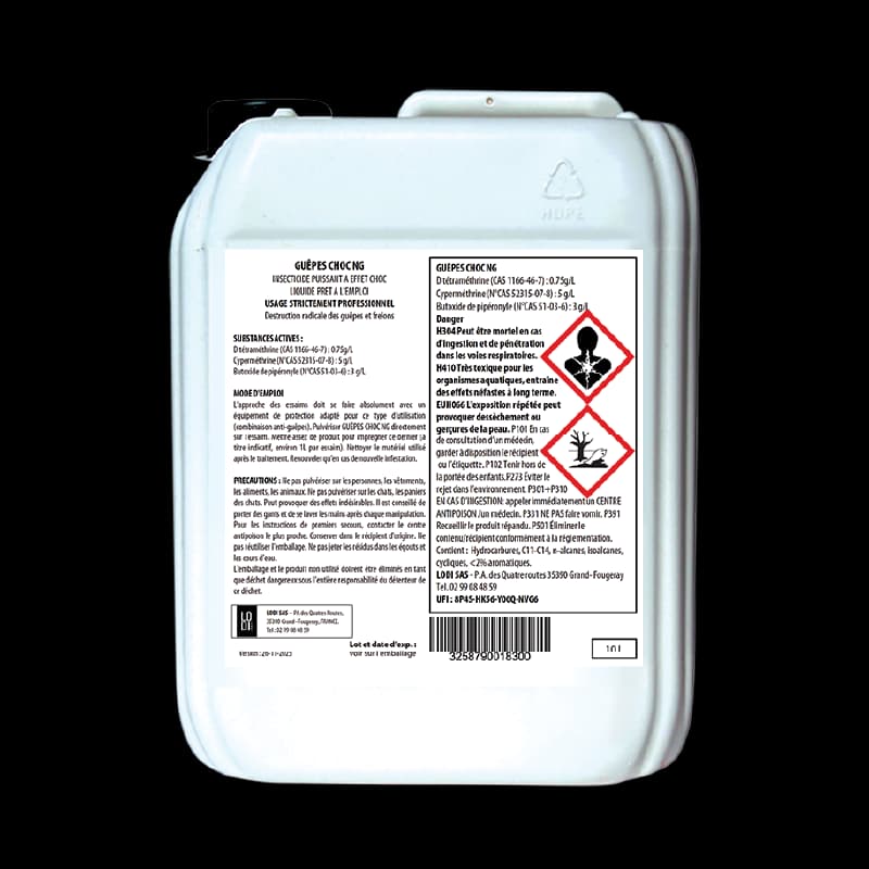Bidon blanc de 10L de l'insecticide professionnel Guêpes Choc + par LodiGroup, prêt à l'emploi avec action choc et rémanente contre les nids de guêpes et frelons.