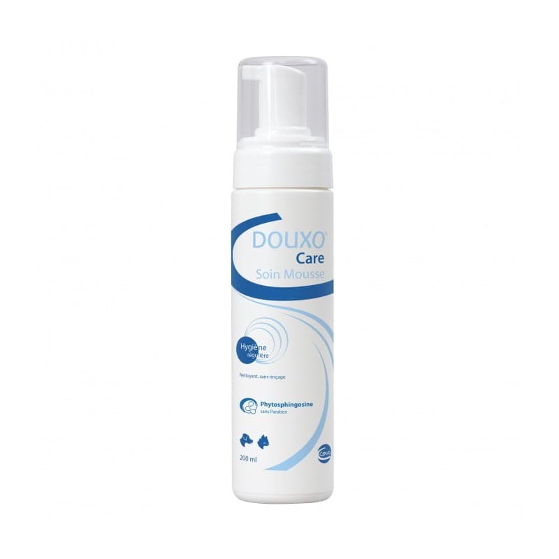Flacon Douxo Care Mousse 200ml soin nettoyant sans rinçage chien et chat phytosphingosine