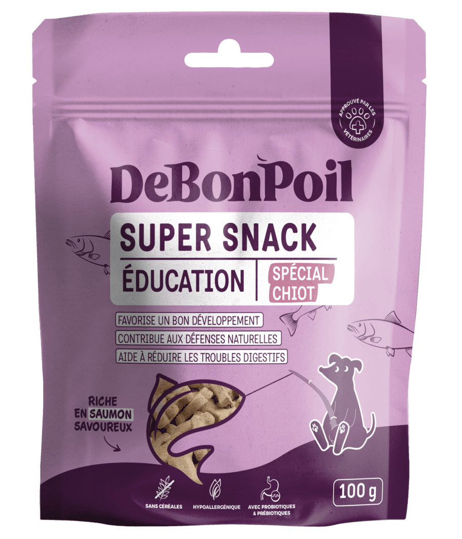 Sachet violet de 100g DeBonPoil Super Snack Éducation au saumon, spécialement conçu pour le développement et l'éducation des chiots avec probiotiques.