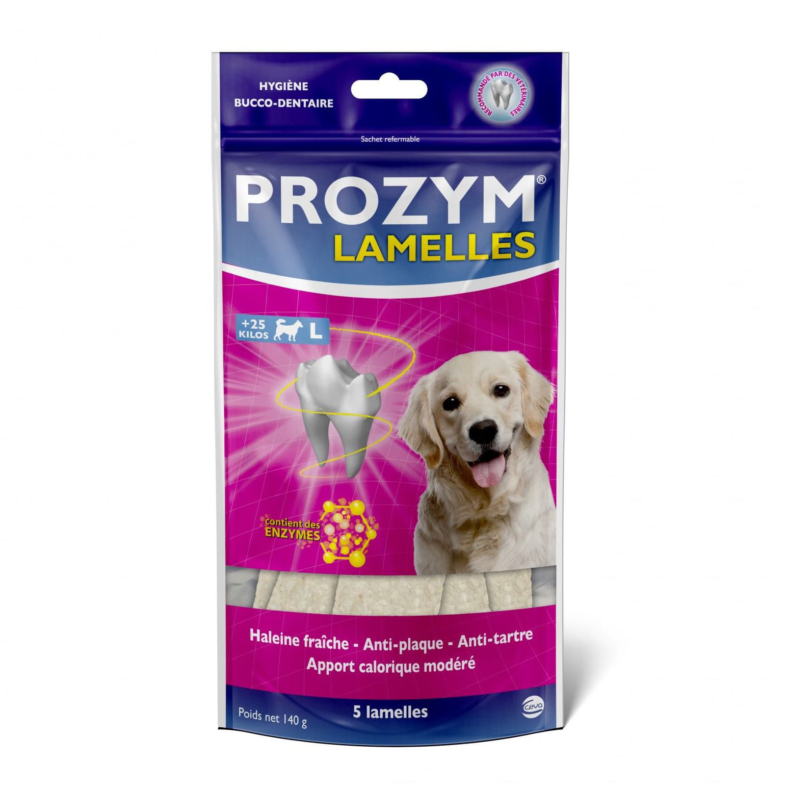 Sachet violet et fuchsia de 5 lamelles de soin dentaire Prozym L pour grand chien de plus de 25 kg avec photo de chien Golden Retriever.