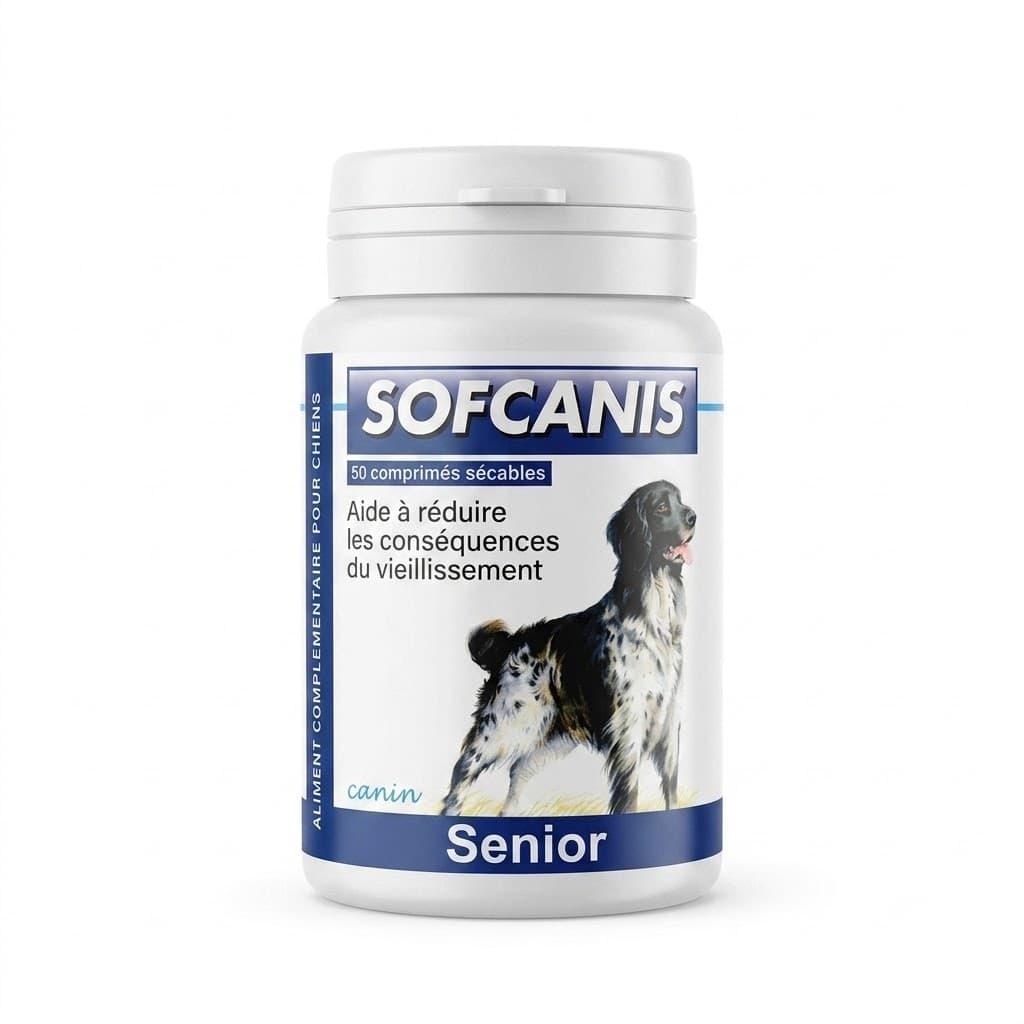 Pilulier de 50 comprimés sécables Sofcanis Senior pour le soutien du chien âgé.