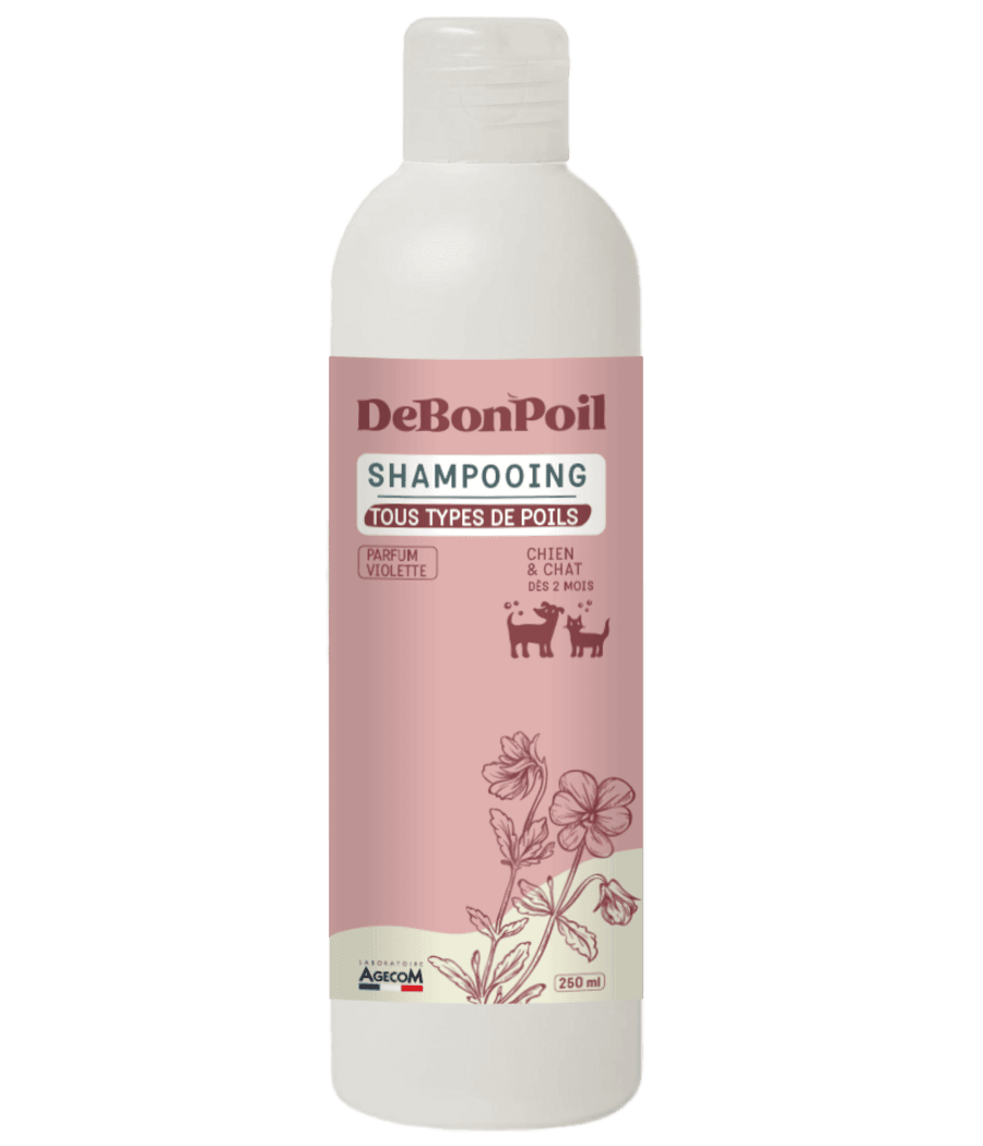 Flacon blanc de 250 ml de Shampooing pour chien et chat DeBonPoil tous types de poils parfum violette fabriqué en France.