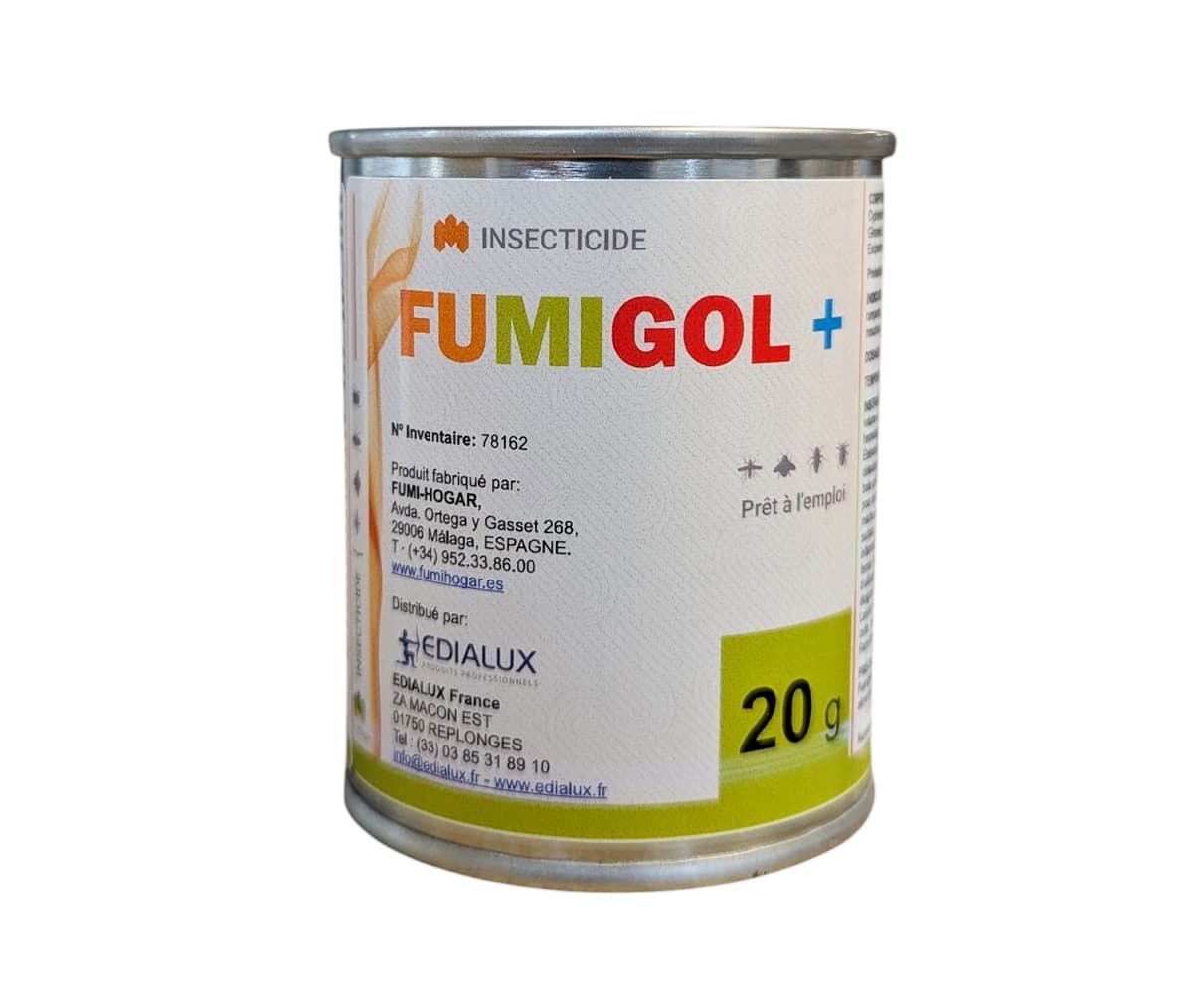 Boîte insecticide fumigène Fumigol+ de 20g pour le traitement des insectes volants et rampants dans un volume de 60m3.