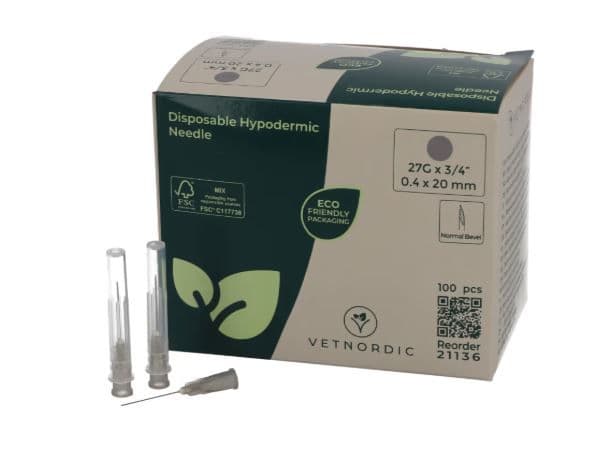 Boîte de 100 aiguilles hypodermiques VetNordic 27G Gris 20mm, pour NAC et mésothérapie.