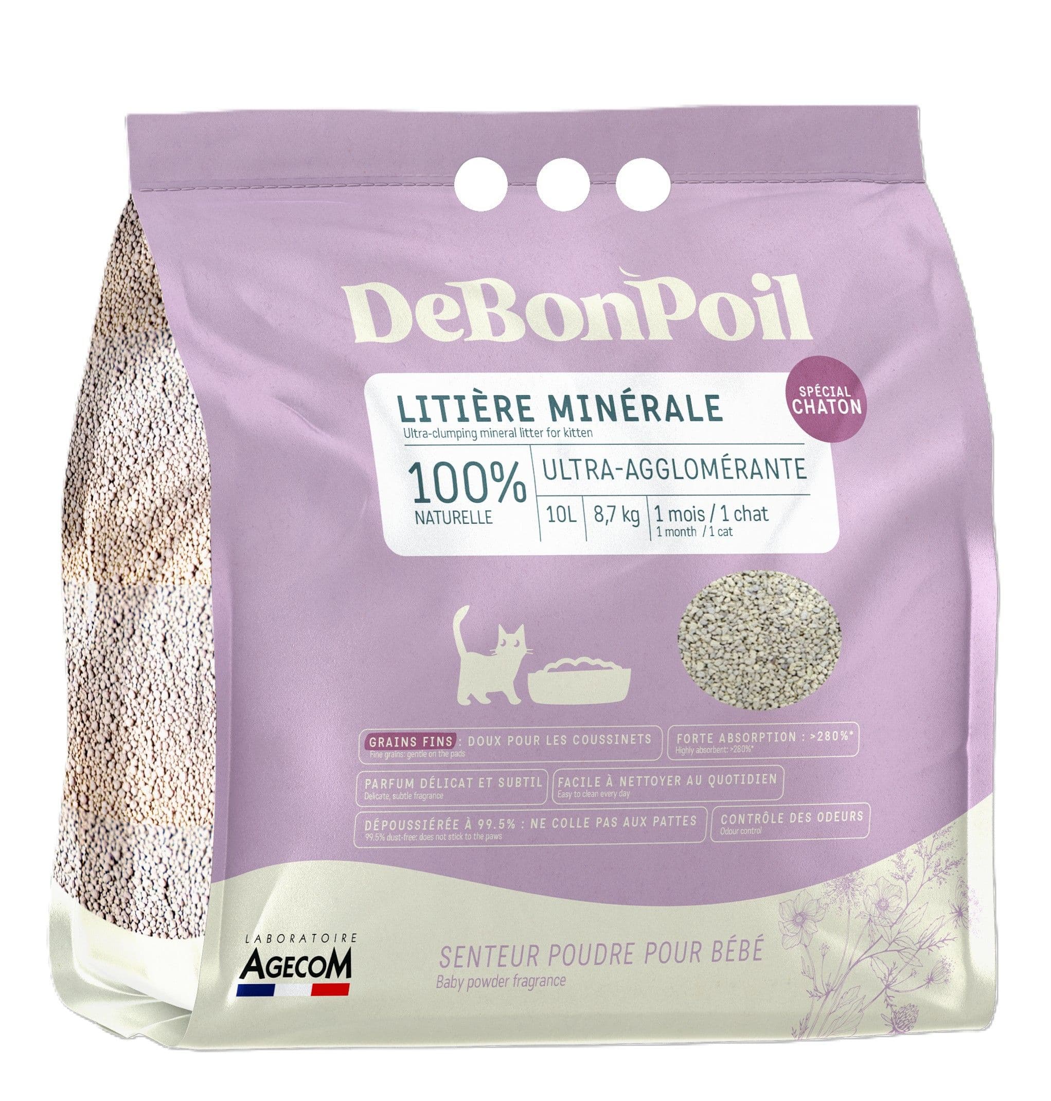 Sac de 10L de litière minérale agglomérante grains fins DeBonPoil pour chaton senteur poudre pour bébé